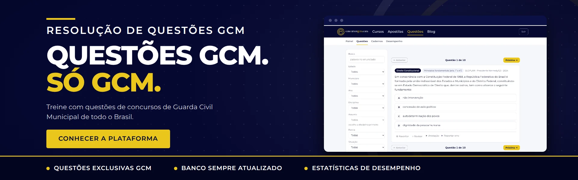 Plataforma Resolução de Questões GCM aberta na tela de questões, com filtros por estado, município, ano, disciplina e banca